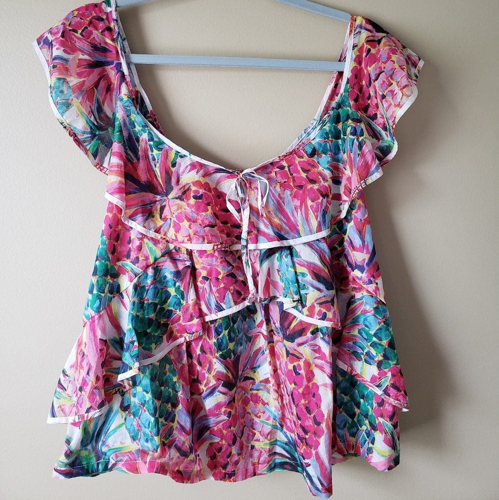 J. Crew pink preppy pineapple flutter tank blouse